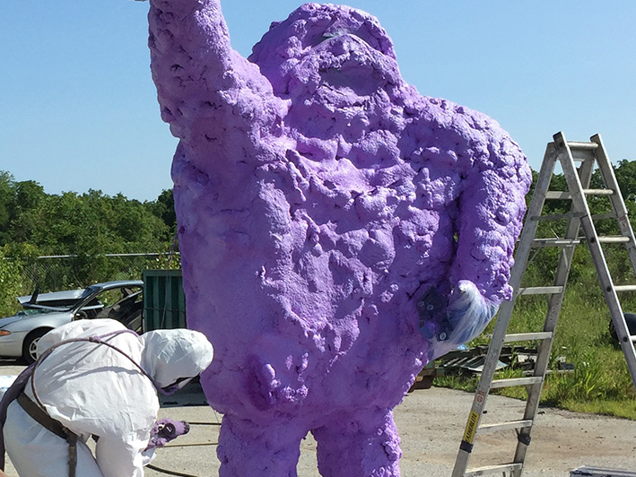 An in-progress photo of Bumble getting a spray foam refresh