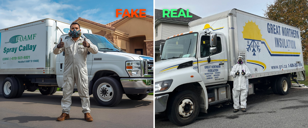 A fake AI-generated image, on the left, shows a person giving a thumbs up beside a work truck. The text on the vehicle isn't legible, and the person is wearing unrealistic protective gear. On the right of the image, a real photo shows a GNI employee in proper protective gear giving a similar thumbs up next to a GNI-branded production vehicle.