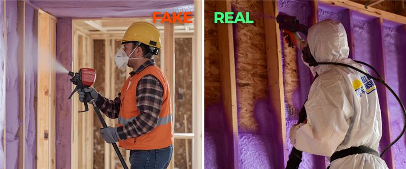 An AI-generated image on the left, showcasing a fake spray foam insulation install. The product isn't realistic looking, and the installer isn't wearing proper PPE. This is contrasted by a real photo of a Great Northern Insulation installer on the right, wearing proper protective gear and installing spray foam insulation correctly into a real home.